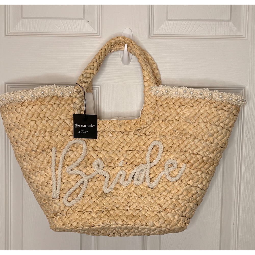 Romantic Coastal Bride Straw Tote Pearl Trim Beach Wedding Tote NWT - Picture 2 of 6